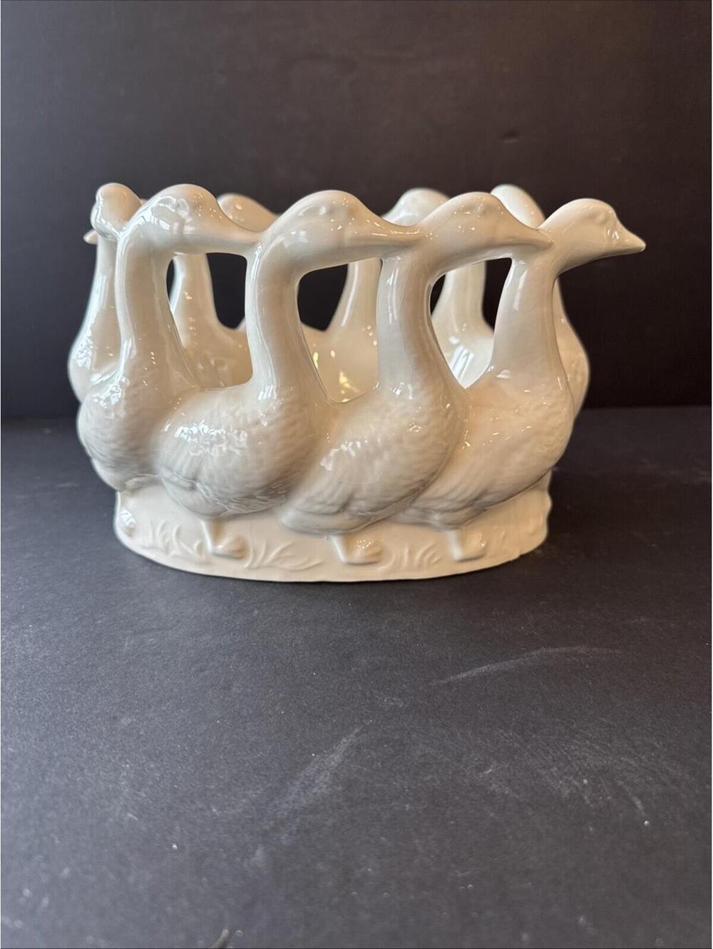 Vintage Art Pottery Bowl / Planter White Porcelain 9.25” Geese Ducks Crazing
